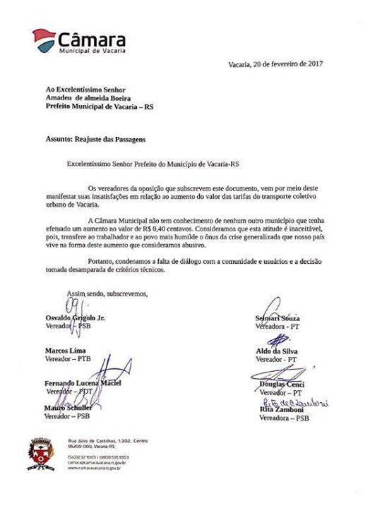 Ofício encaminhado ao Prefeito Municipal: os vereadores de 